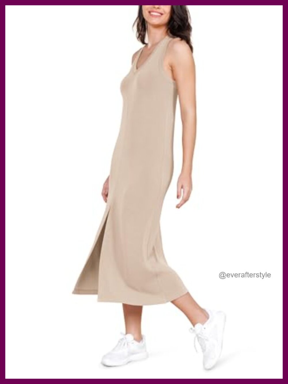 Modal Soft Midi Tank Dress V Neck Front Slit Racerback
